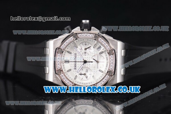 Audemars Piguet Royal Oak Offshore Chrono Miyota OS20 Quartz Steel Case with White Dial Diamonds Bezel and Black Rubber Strap (EF) - Click Image to Close